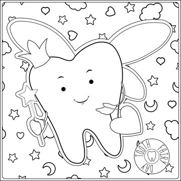 Tooth fairy vector cartoon illustration stylized tooth outline hand drawing vector illustration coloring page for the coloring book vector