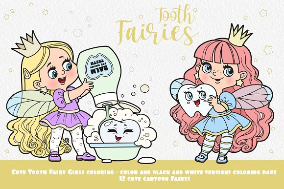 Cute tooth fairy coloring pages healthcare illustrations creative market