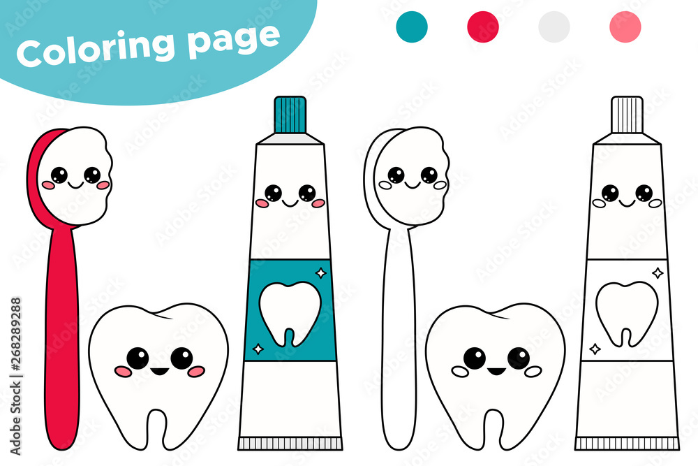 Cute kawaii cartoon tooth with toothbrush and toothpaste coloring page for kids about dental hygiene vector