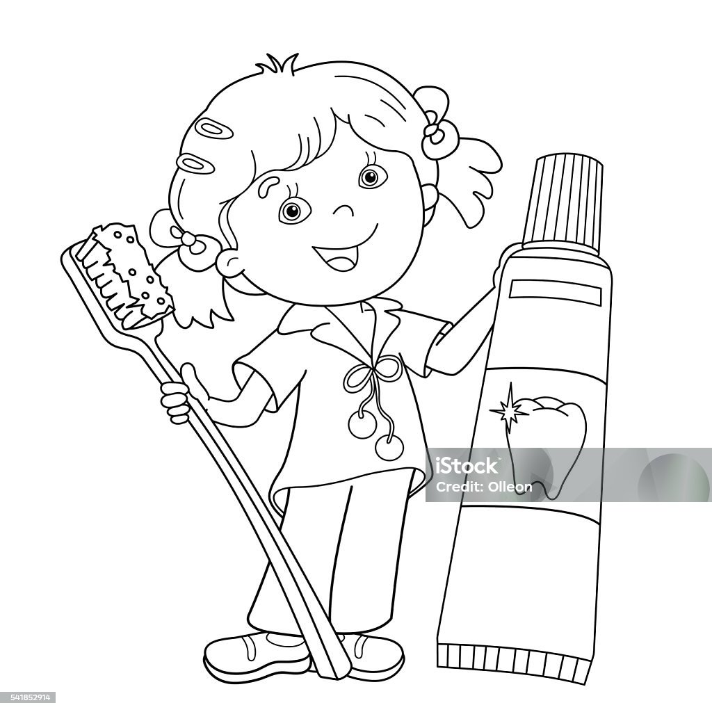 Coloring page outline of cartoon girl with toothbrush and toothpaste stock illustration