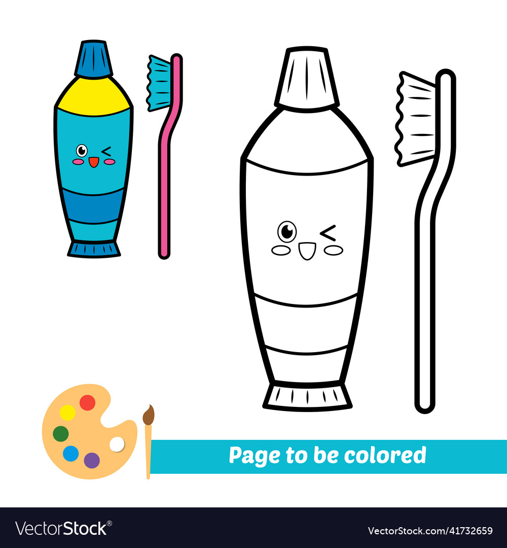 Coloring book for kids tooth paste and brush vector image