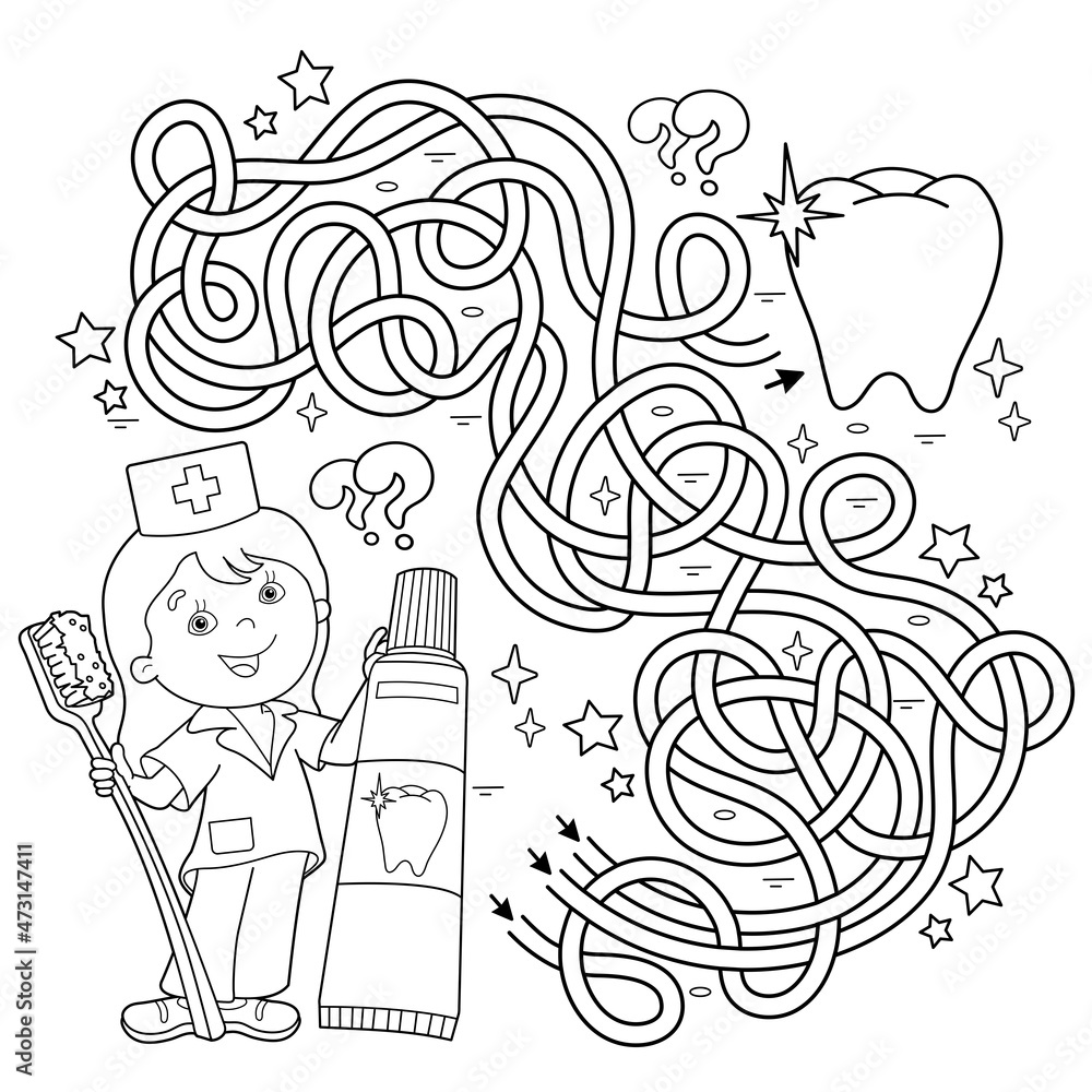 Maze or labyrinth game puzzle tangled road coloring page outline of cartoon doctor with toothbrush and toothpaste coloring book for kids vector