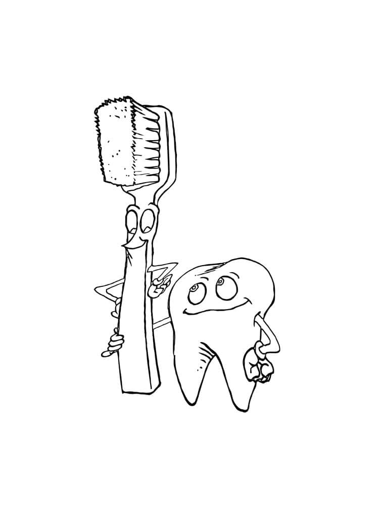 Cartoon tooth and toothbrush coloring page