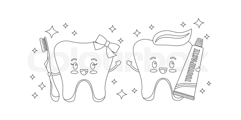 Cute tooth boy and girl with toothpaste and toothbrush dentist coloring page stock vector