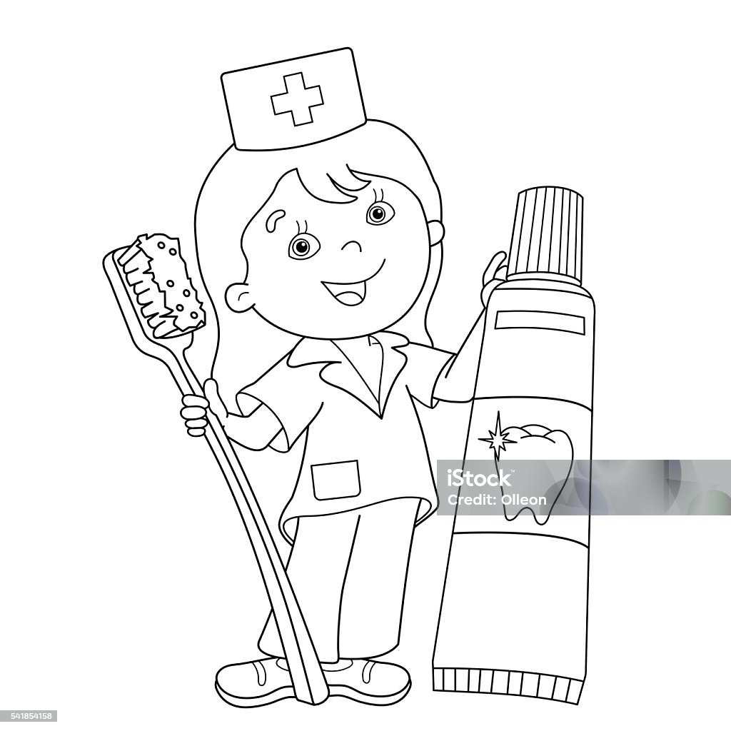 Coloring page outline of doctor with toothbrush and toothpaste stock illustration