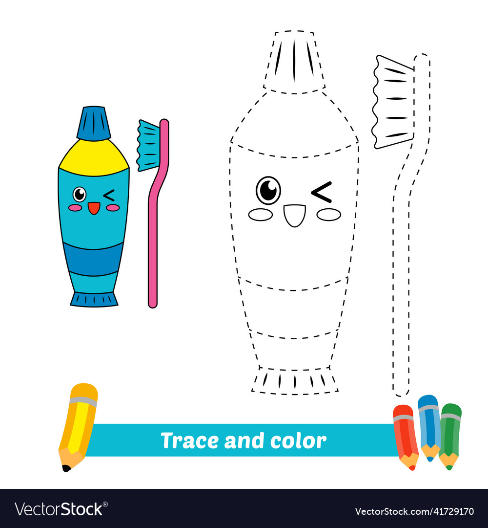 Trace and color for kids toothbrush toothpaste vector image