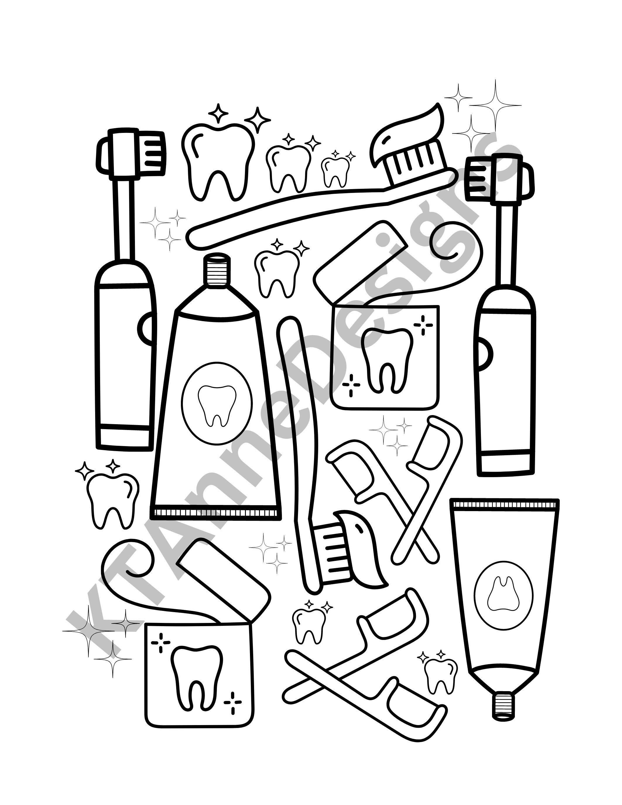 Childrens dental coloring pages digital download kids education about oral health five printable worksheets for young children download now