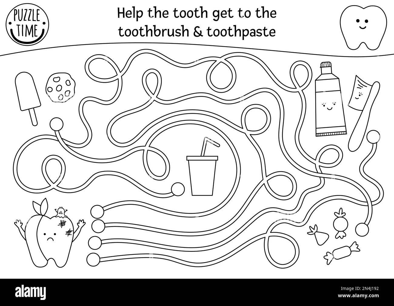 Black and white dental care maze for children preschool medical outline activity funny puzzle game or coloring page help ill tooth get to the tooth stock vector image art