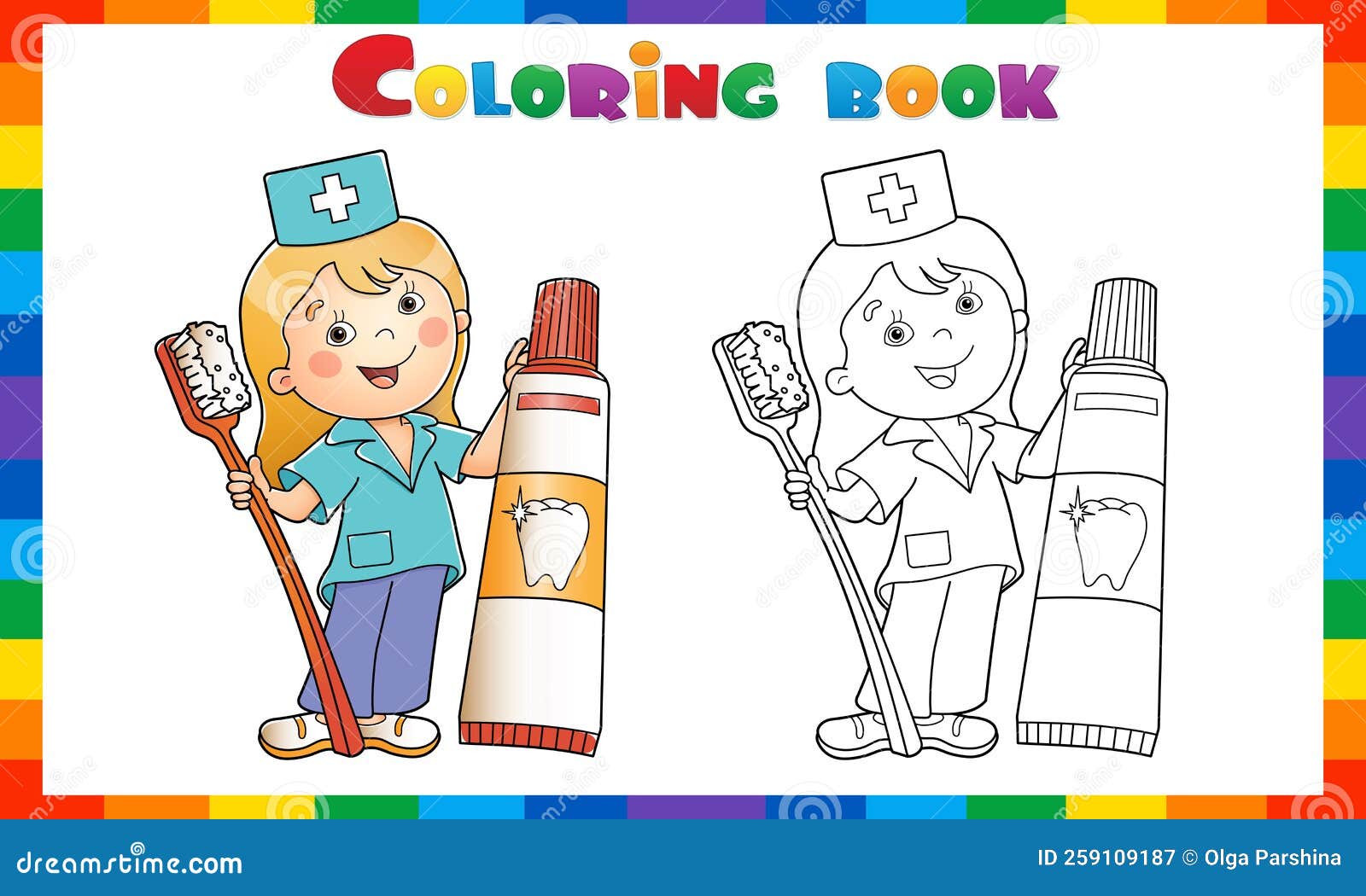 Coloring page outline of doctor with toothbrush and toothpaste coloring book for kids stock vector