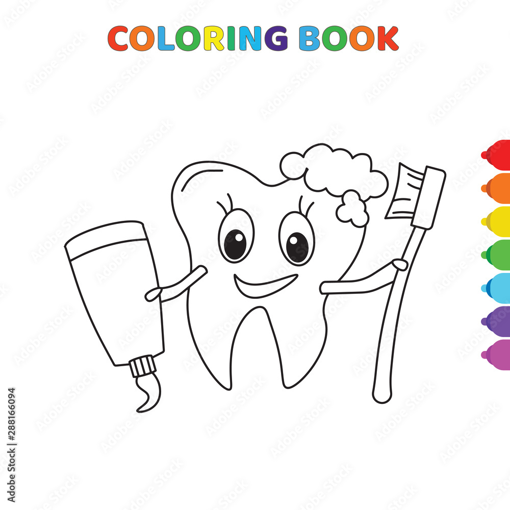 Cute cartoon happy smiling tooth with toothpaste and toothbrush coloring book for kids black and white vector illustration for coloring book happy smiling tooth with toothpaste and toothbrush vector