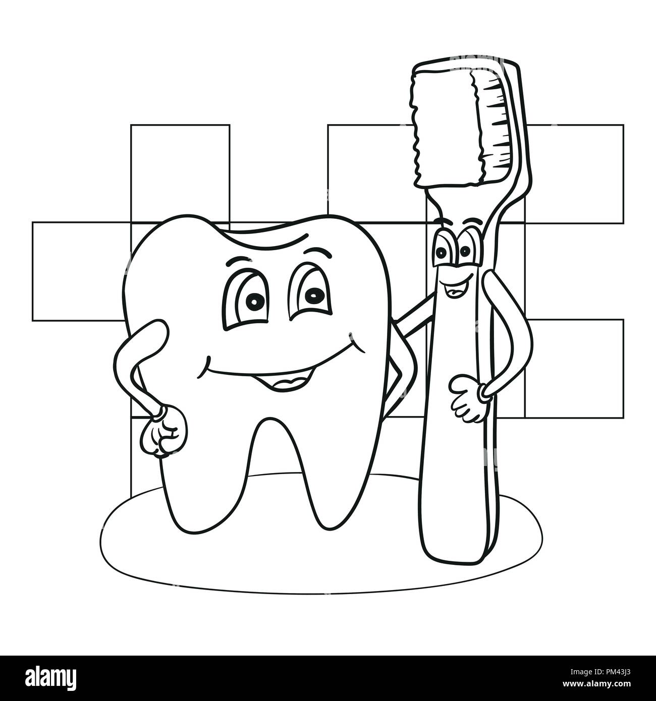 Cartoon illustration of happy tooth character with toothbrush coloring book stock vector image art