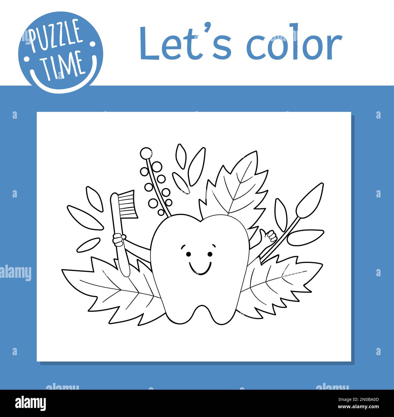 Vector coloring page with cute kawaii tooth holding toothbrush funny teeth care character dental themed outline clipart for children mouth hygiene stock vector image art