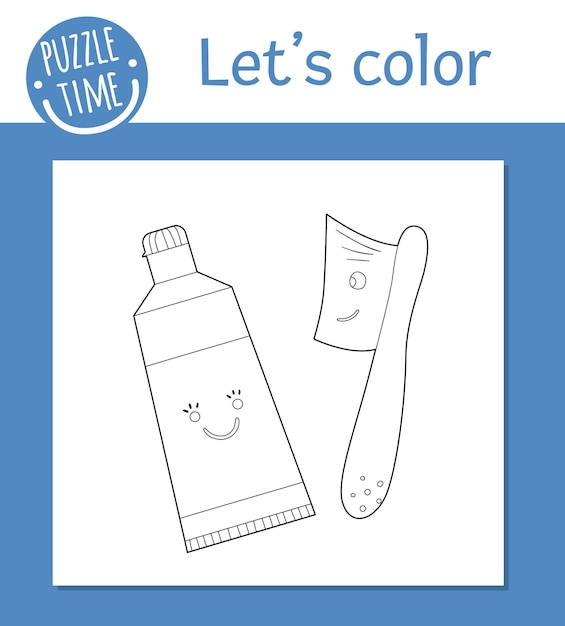 Premium vector vector coloring page with cute kawaii toothbrush and toothpaste funny teeth care characters dental themed outline clipart for children mouth hygiene illustration isolated on white background