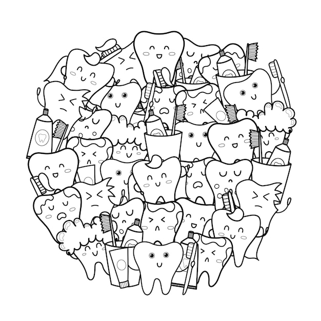 Premium vector cute teeth circle shape coloring page doodle mandala with funny tooth toothpaste and toothbrush