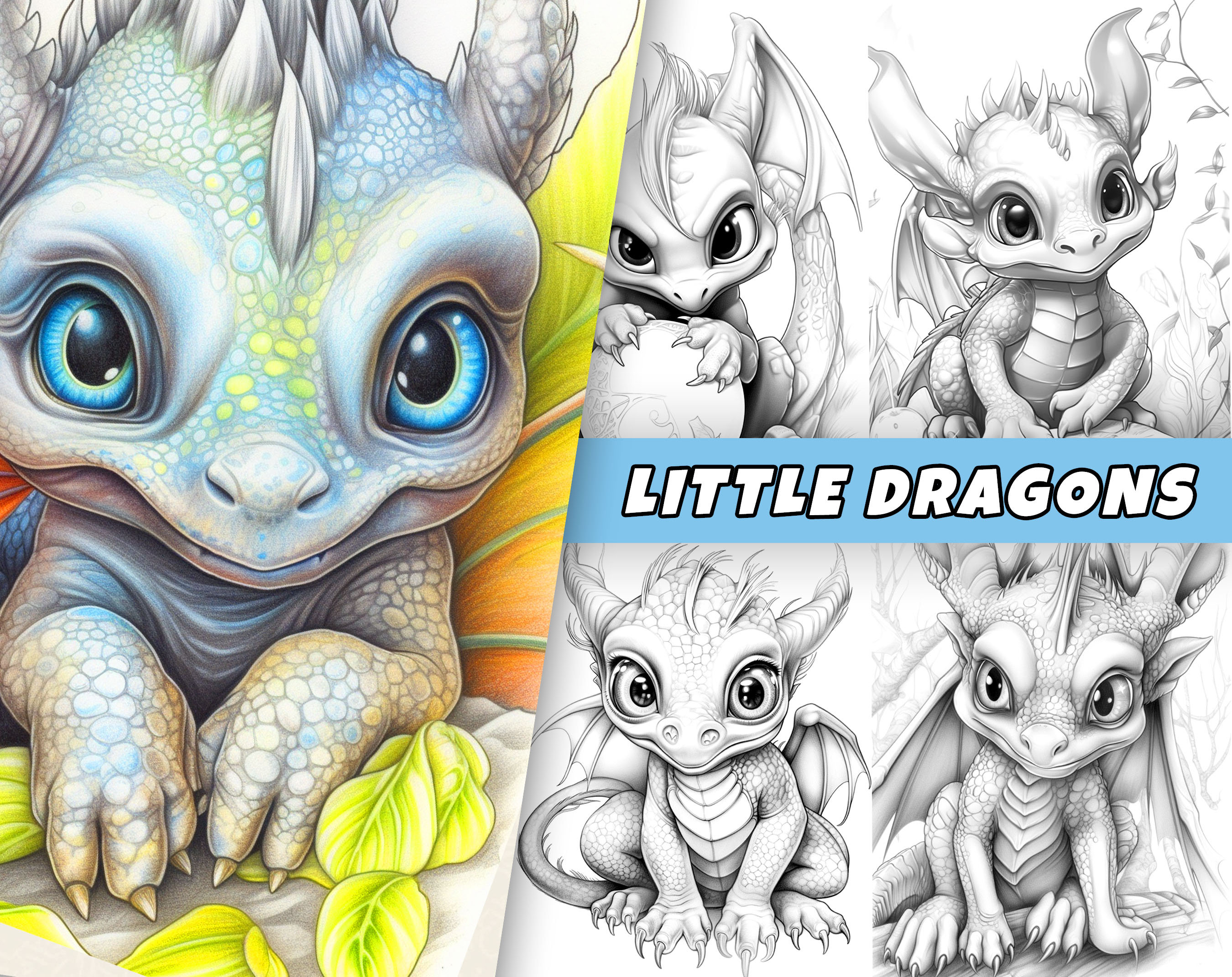 Cute little dragon babys coloring pages adults kids coloring book instant download grayscale coloring page printable pdf