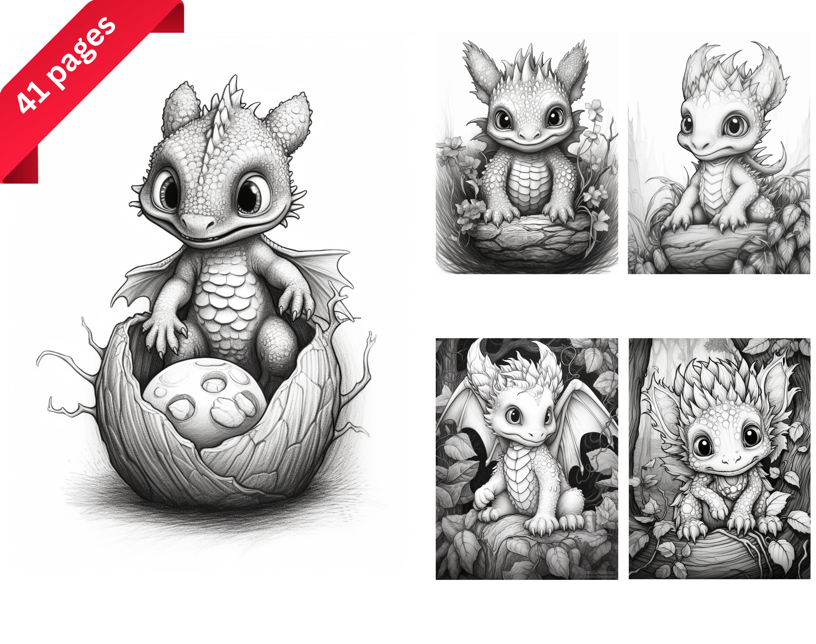 Baby dragons coloring page for adults and kids fantasy instant download grayscale coloring page printable pdf