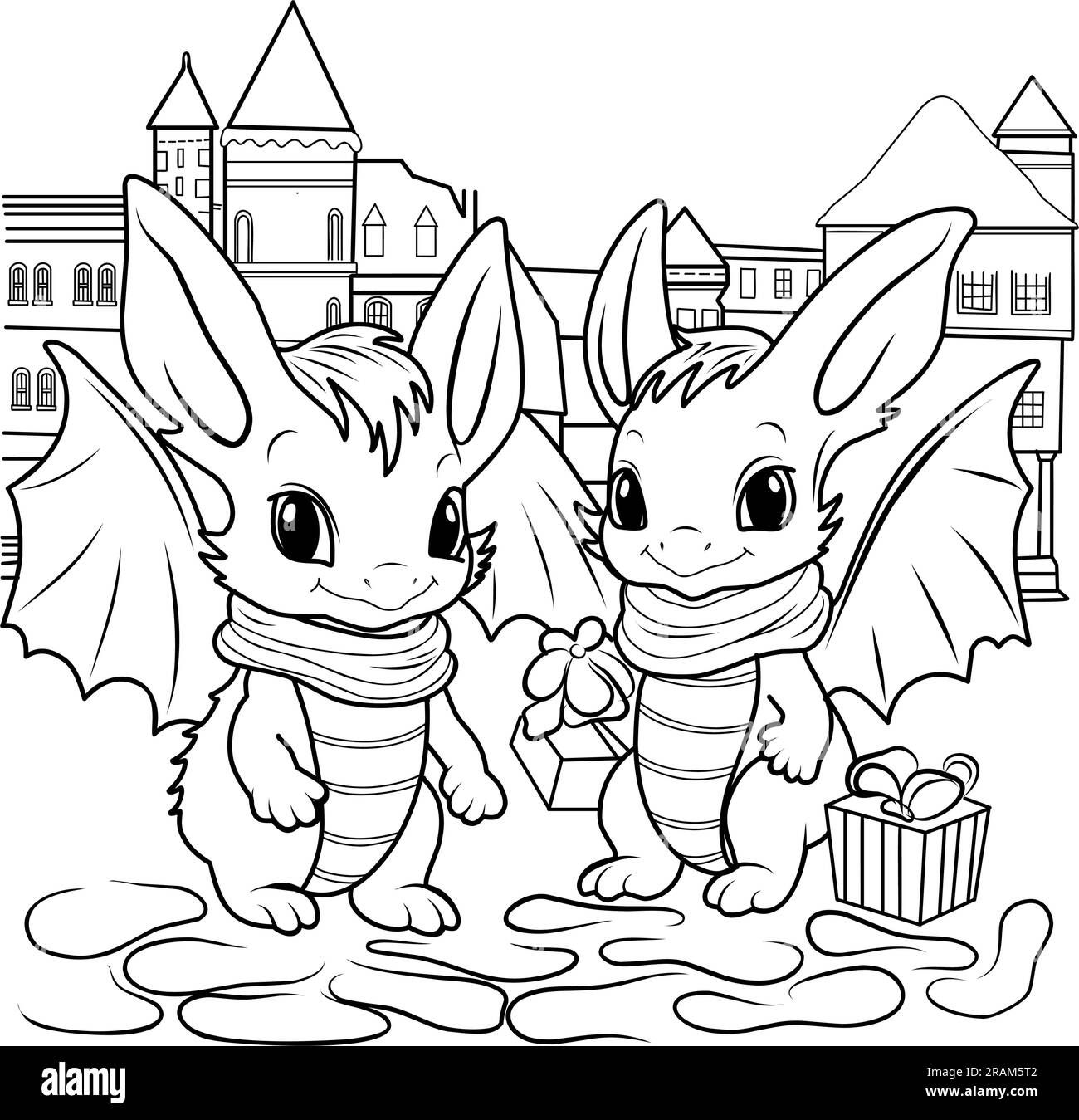 Two cute baby dragonssimple linear illustration for coloringdragon year coloring page stock vector image art