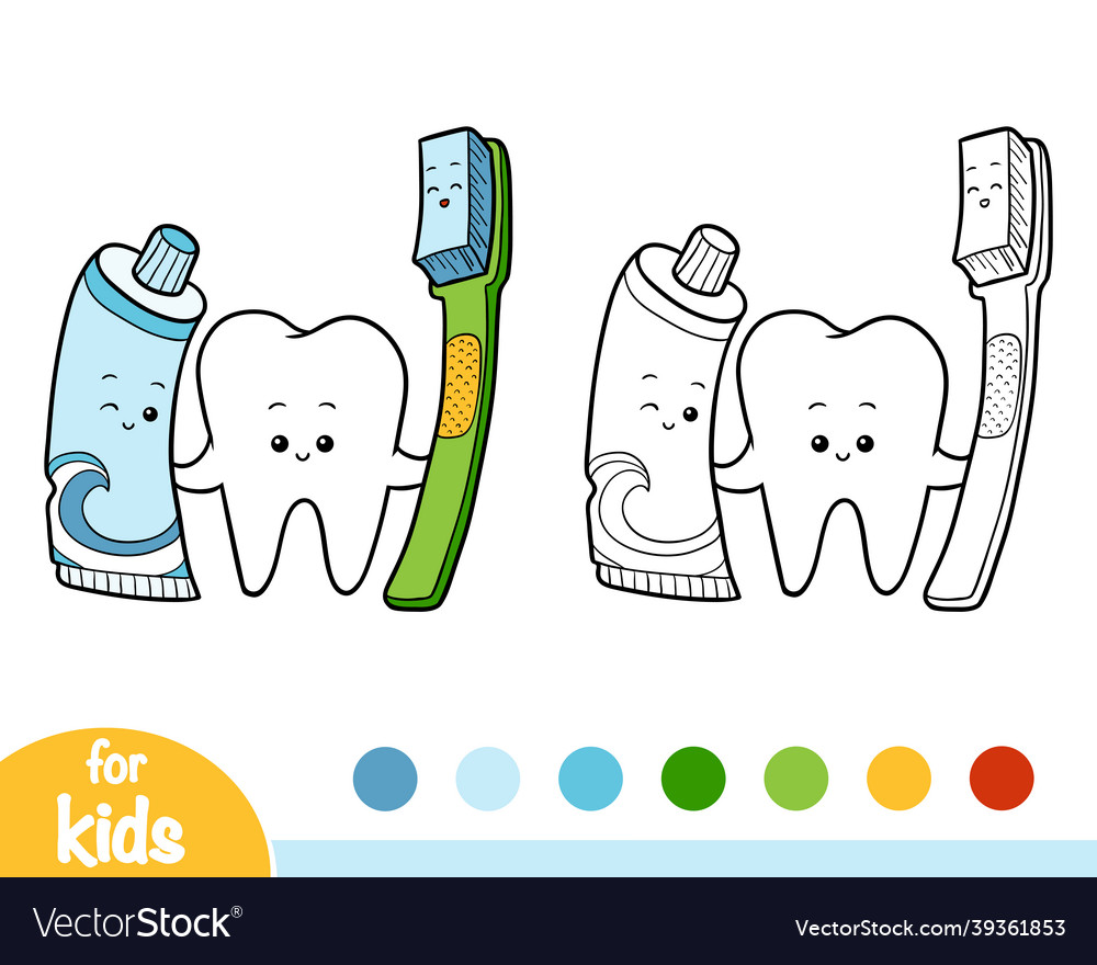 Coloring book tooth and toothbrush toothpaste vector image