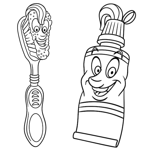 Premium vector cute tooth brush and tooth paste cartoon funny food emoji face kids coloring page