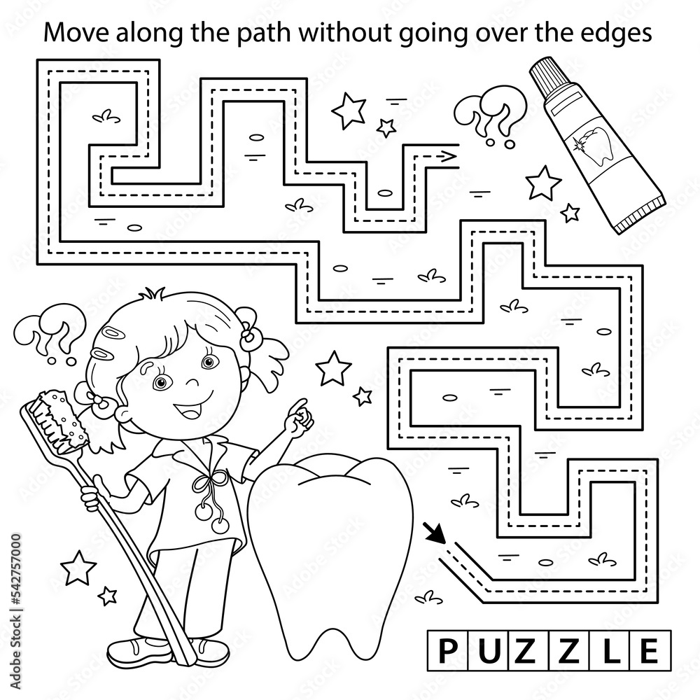 Handwriting practice sheet simple educational game or maze coloring page outline of cartoon girl with toothbrush and toothpaste coloring book for kids vector