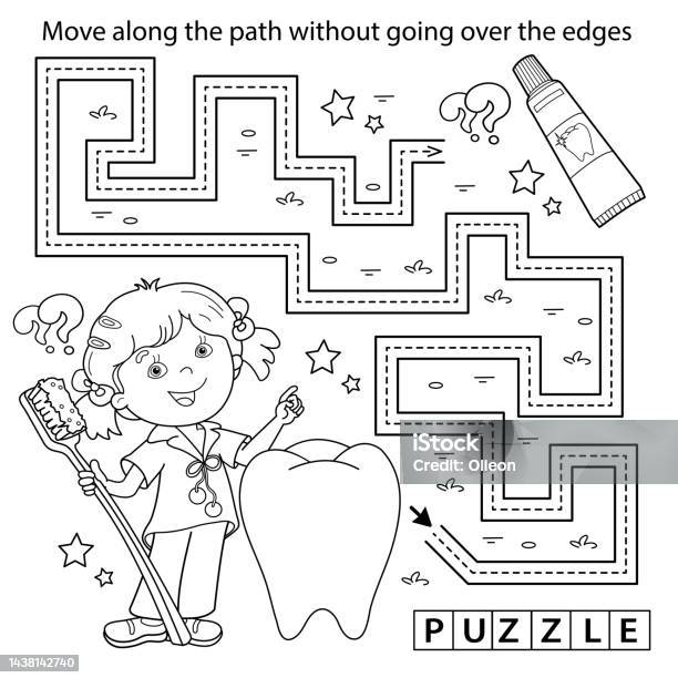 Handwriting practice sheet simple educational game or maze coloring page outline of cartoon girl with toothbrush and toothpaste coloring book for kids stock illustration