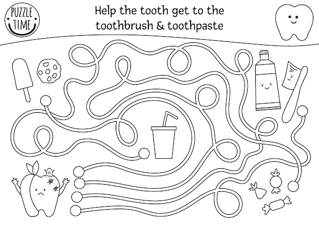 Premium vector black and white dental care maze for children preschool medical outline activity funny puzzle game or coloring page help ill tooth get to the toothbrush and toothpaste mouth hygiene