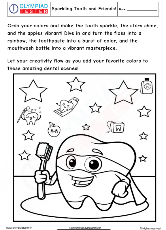 Kdergarten colorg worksheet sparklg tooth and friends olympiad tester