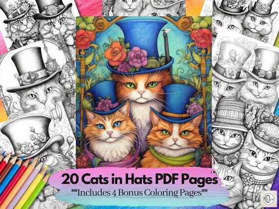 Cats hats coloring pages detailed pattern kitten feline grayscale adults kids teens pet cat mom dad printable pdf instant download