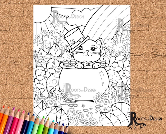 Instant download coloring page st patricks day kitty cat inspired doodle art printable