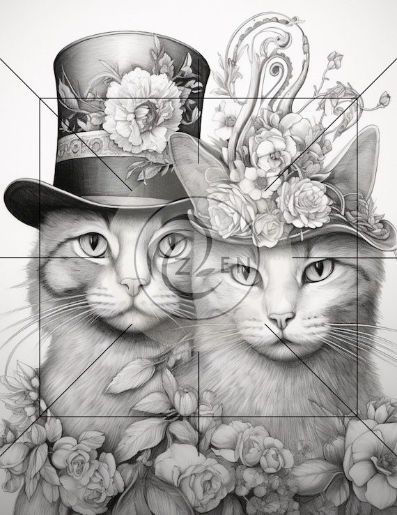 Cats hats coloring pages detailed pattern kitten feline grayscale adults kids teens pet cat mom dad printable pdf instant download