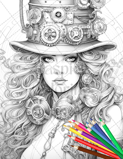 Steampunk ladies grayscale coloring pages printable for adults pdf â coloring