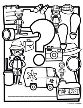 Detective mystery coloring pages booklet magnifying glass briefcase camera