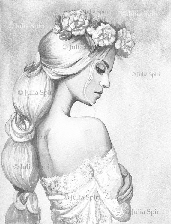 Grayscale coloring page digital stamp digi girl fantasy realistic women branch crafting scrapbooking black white romantic dream