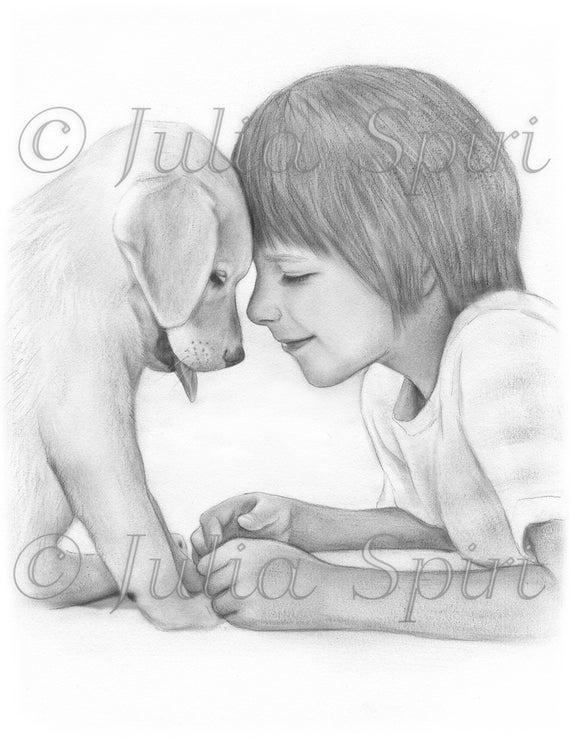 Coloring page digital stamp digi little boy realistic portrait dogs pet grayscale dog lover download now