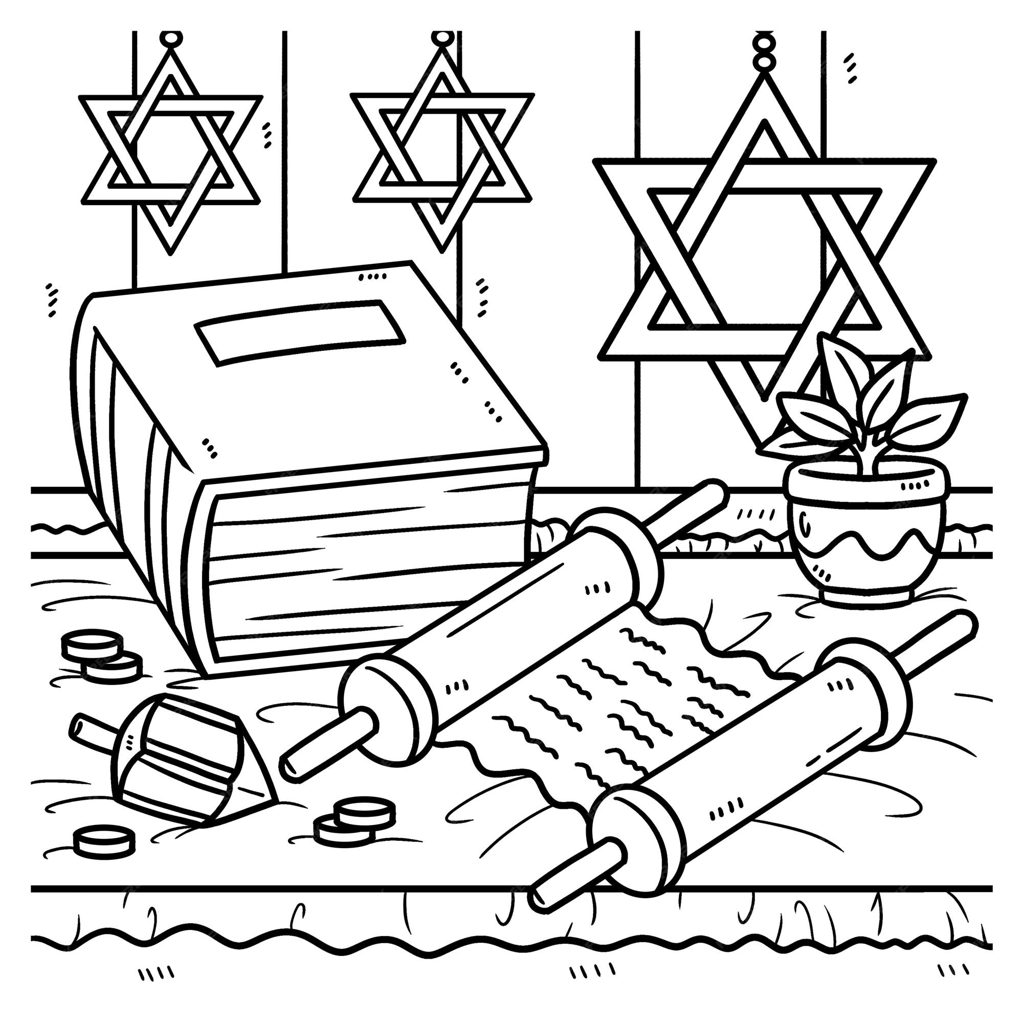 Premium vector hanukkah torah scroll and book coloring page