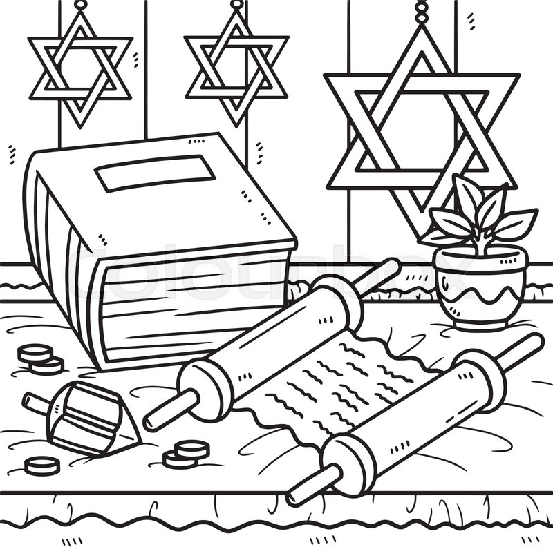 Hanukkah torah scroll and book coloring page stock vector