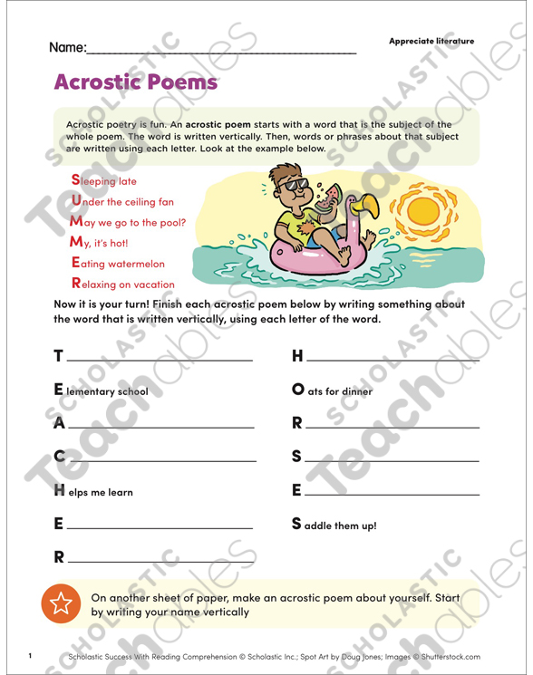 Acrostic poems appreciate literature printable skills sheets