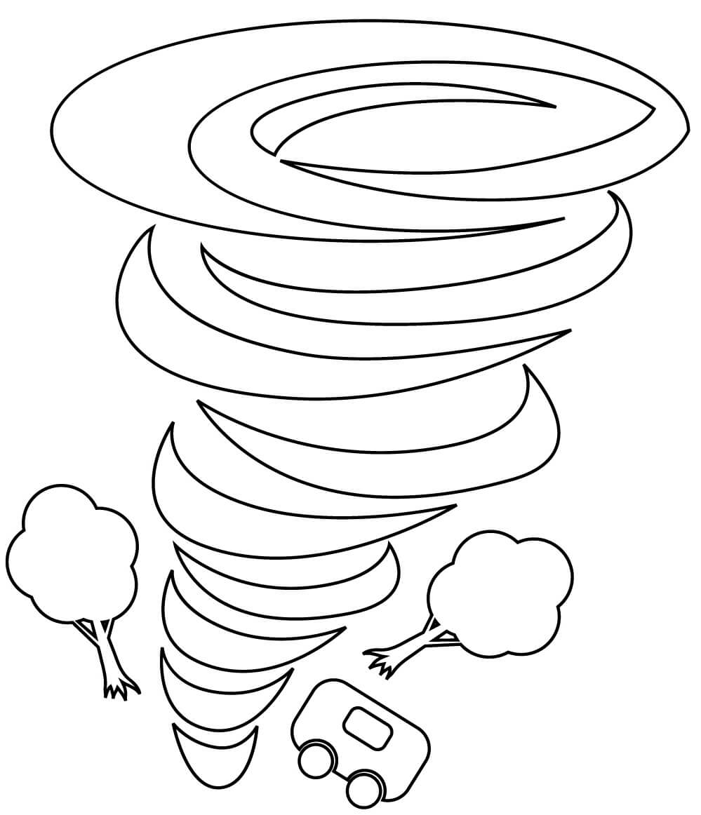 Tornado with car and trees coloring page