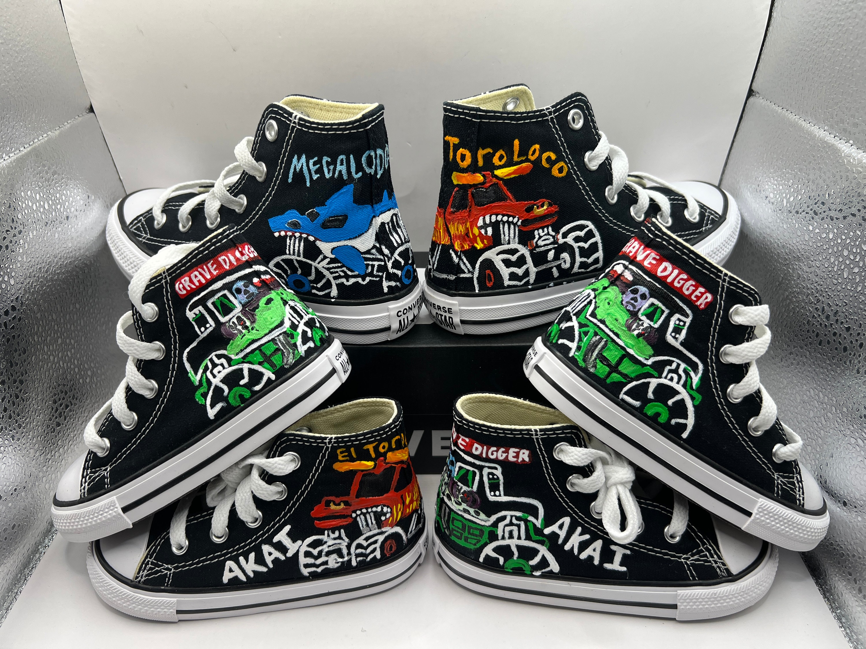 Hand painted monster truck shoes converse vans grave digger toro loco zombie megalodon any trucks add kids name monster jam shoes birthday