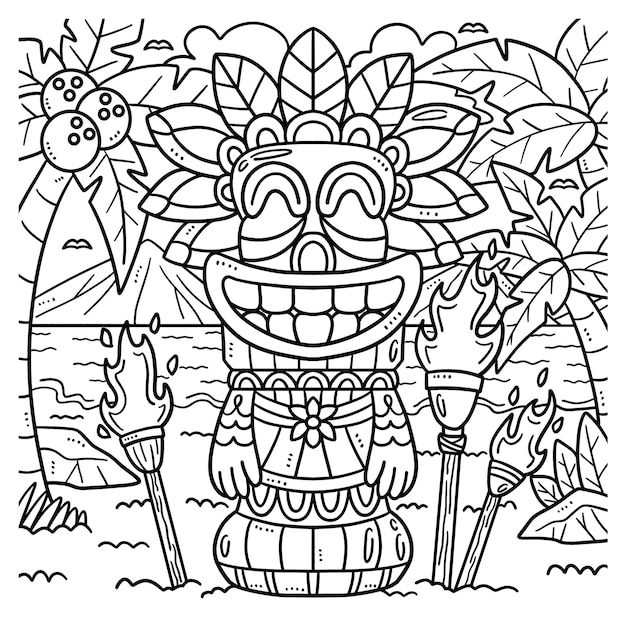 Premium vector summer tiki totem pole coloring page for kids