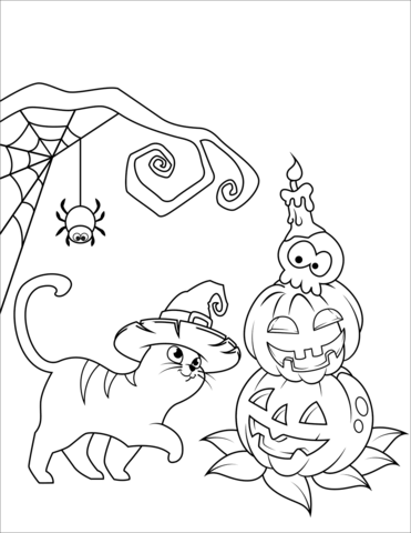 Halloween cat and jack olantern coloring page free printable coloring pages