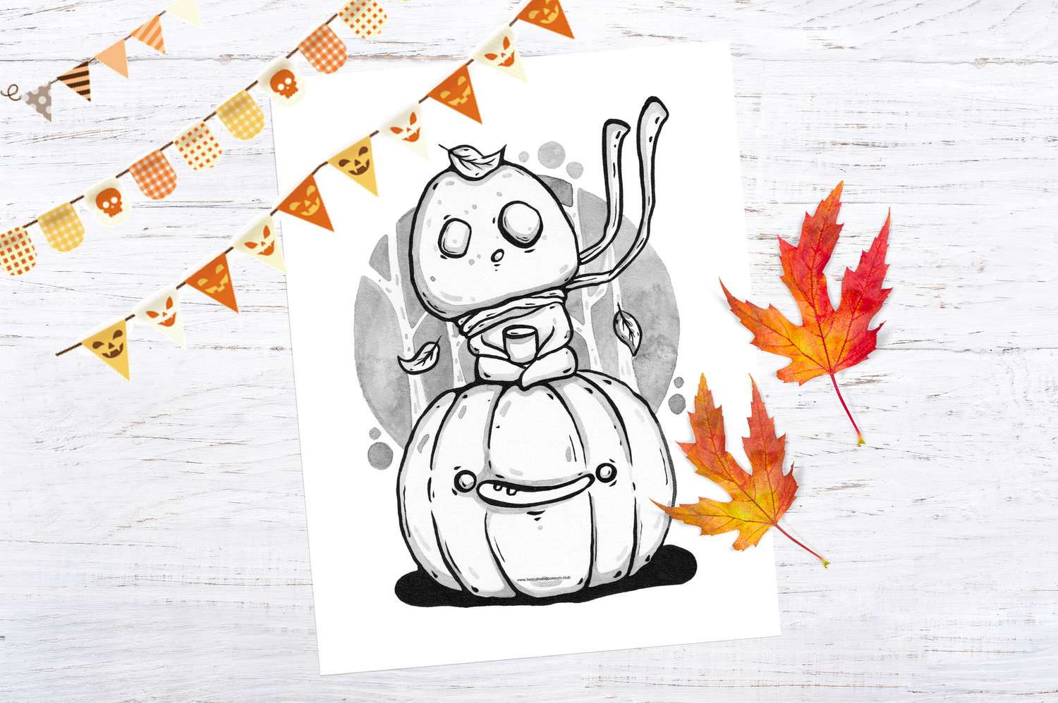 Printable cute kodama sitting on pumpkin halloween coloring page