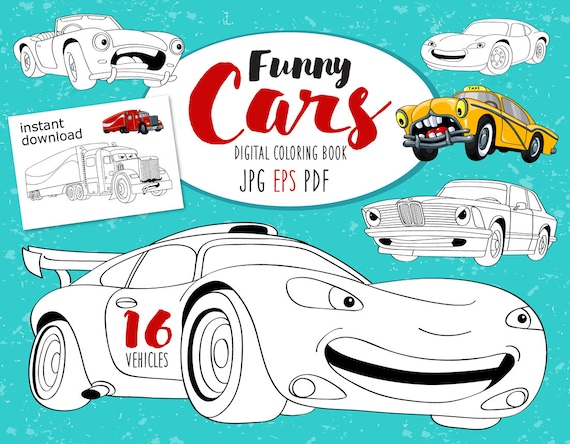 Funny cars coloring book childrens coloring book with examples printable colouring pages sport cars instant download eps pdf jpg a