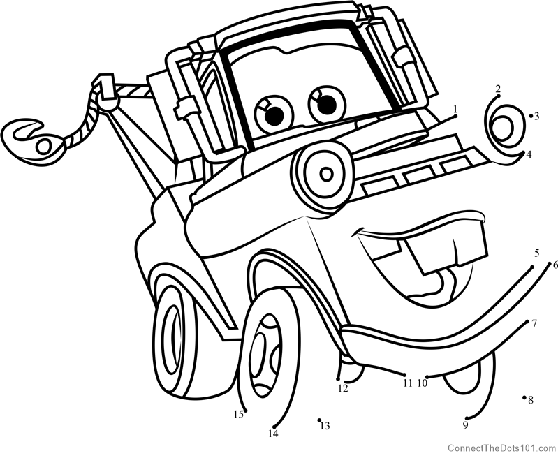 Tow mater from cars dot to dot printable worksheet