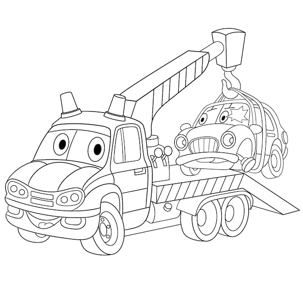 Premium vector tow truck with crashed car cartoon toy vehicle with funny face coloring book page for kids