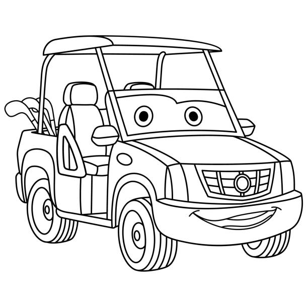 Coloring page of cartoon golf cart stock illustration