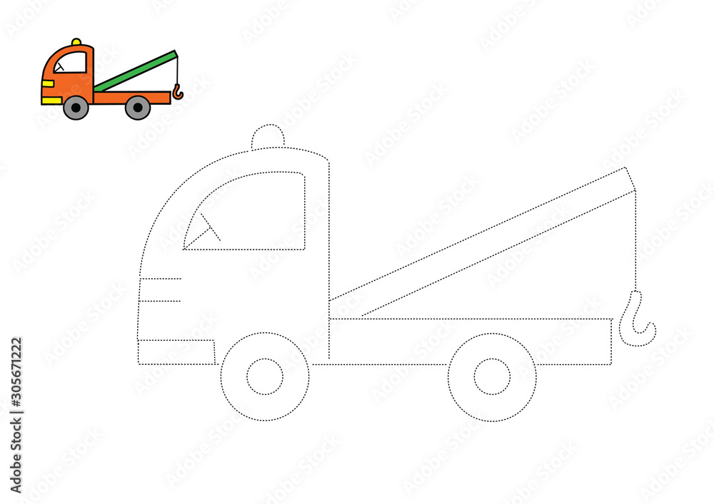 Handwriting practice sheet cartoon tow truck dot to dot educational game for children coloring page vector