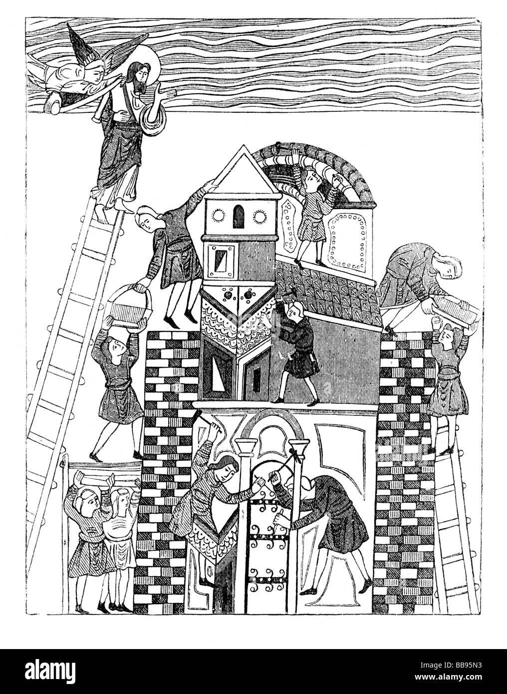 Building the tower of babel illustration from an anglo saxon manuscript stock photo