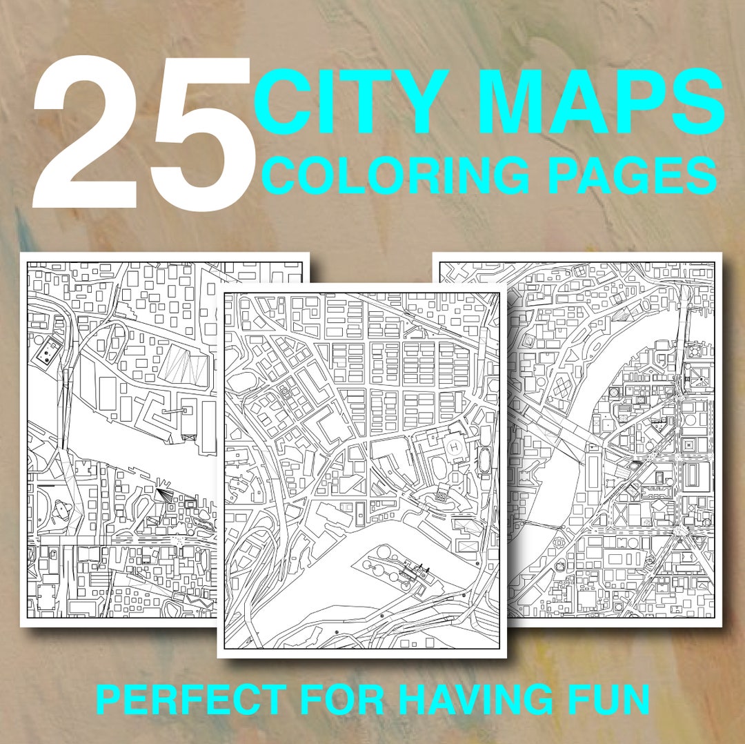 City maps coloring pages instant download pdf printable coloring book for adults architecture geography gift for travelers wanderlust