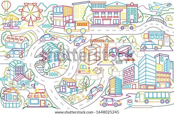 Coloring book city map cars along stock vector royalty free